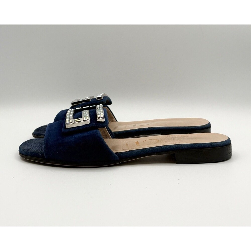 Gucci Blue Velvet Sandals w/ Crystal Embellished Monogram Accent Slides EU 37.5 - Picture 4 of 12